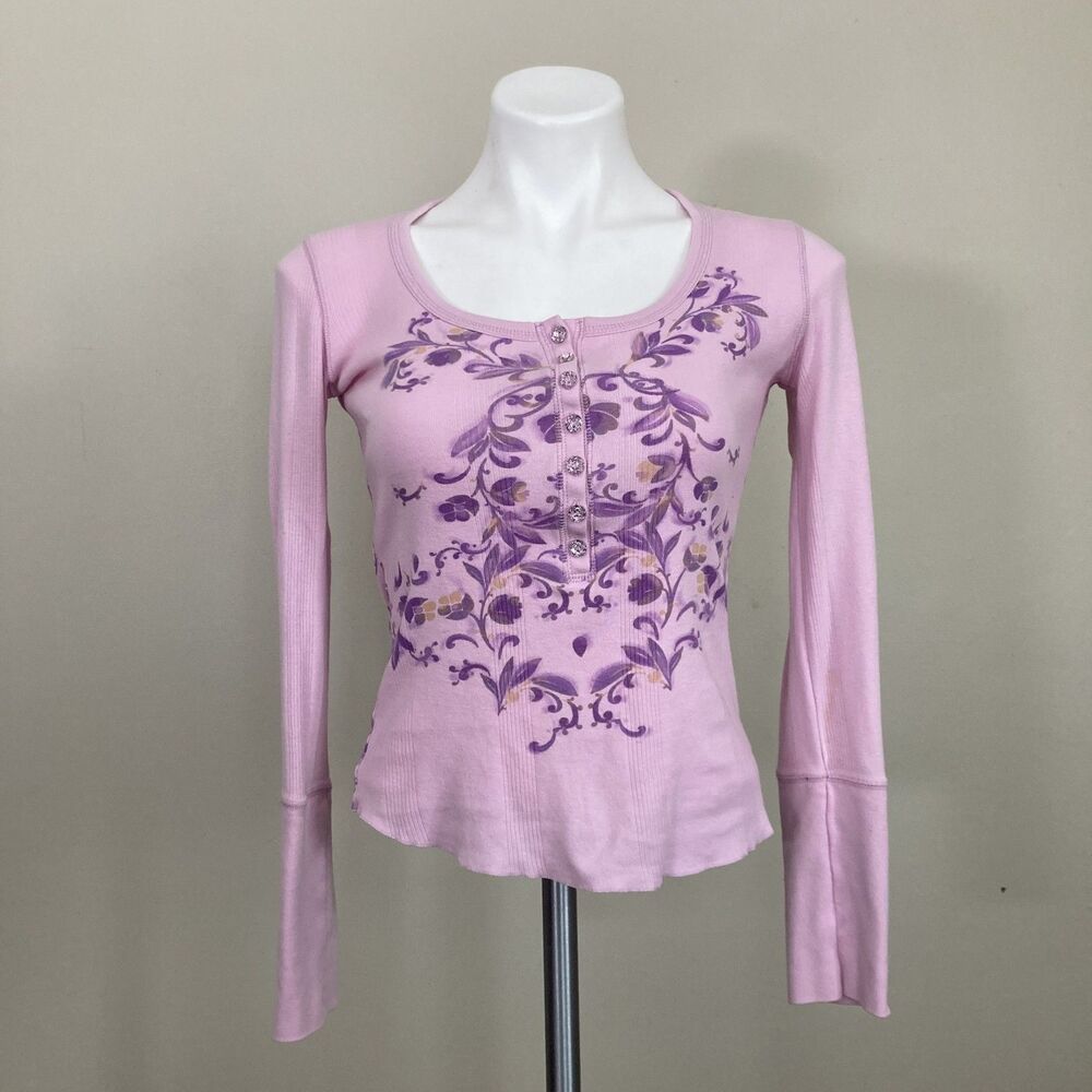 Vintage Fairy 2000s Y2K Henley DNKY Jeans Pink Floral Crystal Buttons Womens S/M - Picture 2 of 8